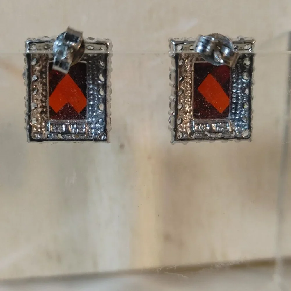 Garnet Earrings Sterling Silver 925 Vintage Square Red Bold Elegant Gemstones - Picture 7 of 9